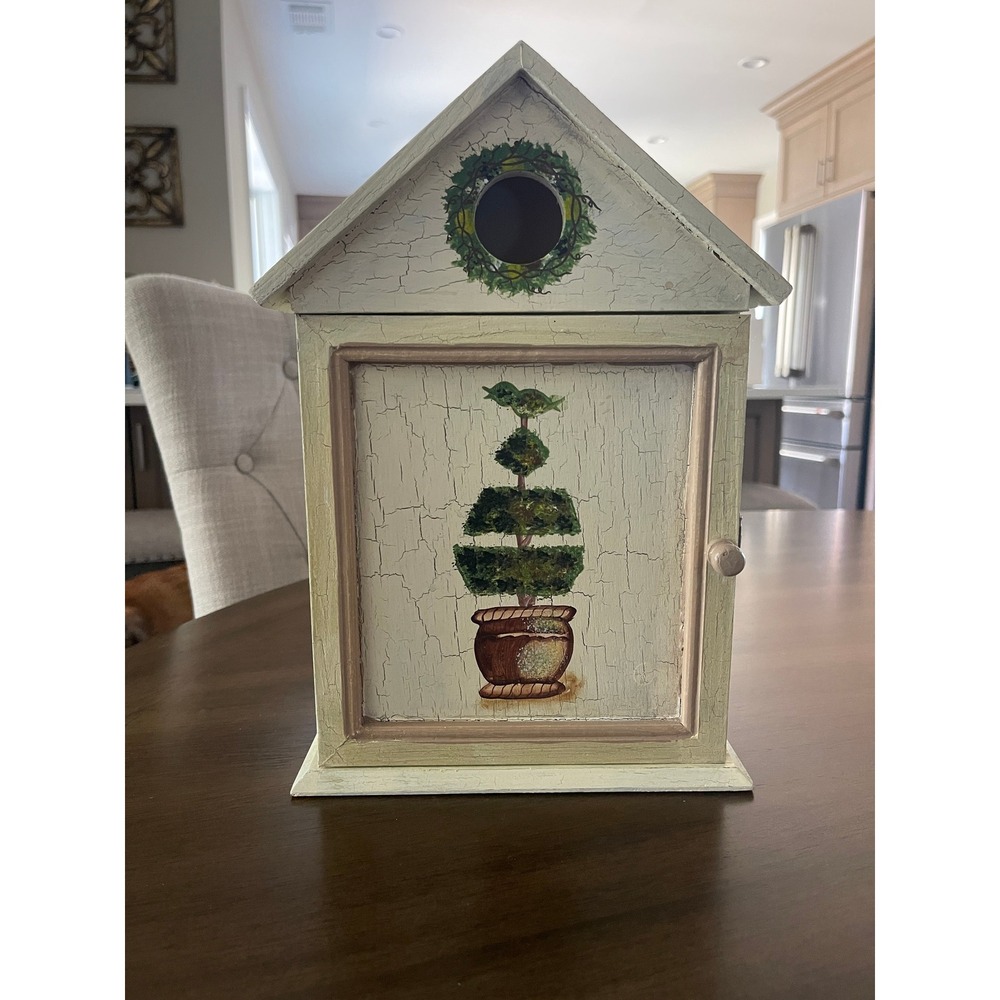 Vintage Shabby Chic Wooden Birdhouse Wall Cabinet Hand Painted Topiary Crackle
